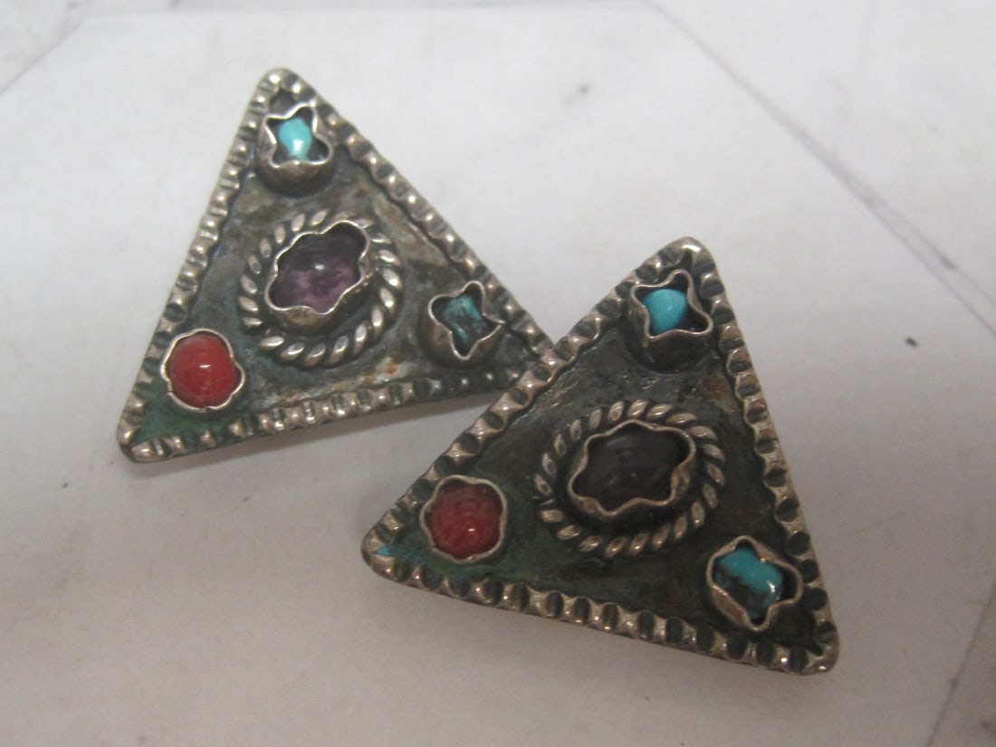 Sterling Silver Southwestern Style Stone Inlaid Clip Earrings (1 of 5)