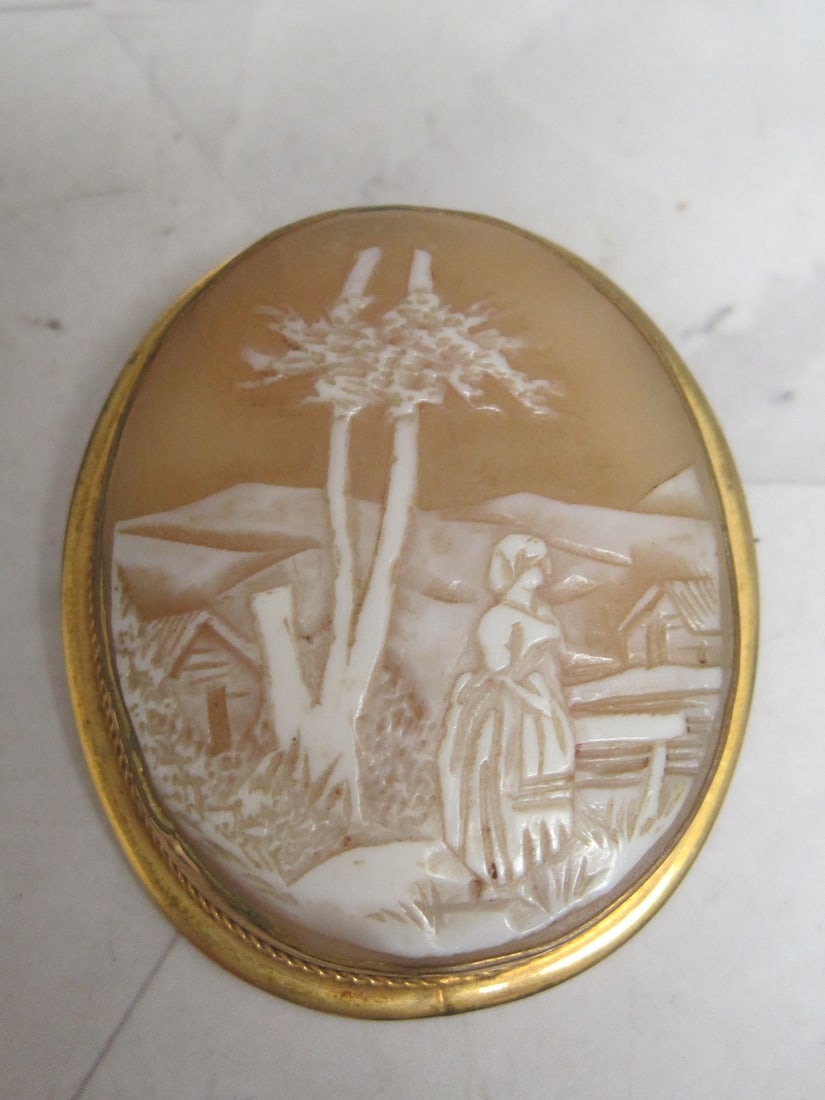 Antique Victorian Scene Shell Cameo Brooch (1 of 4)
