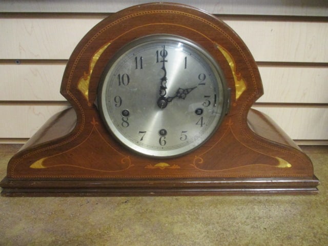 Vintage Haller AG Inlaid Wood Mantel Clock: 18" x 10 1/4", Model #29629, no key