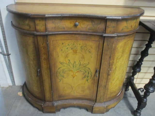 Venetian Style Handpainted Curved Cabinet: 42" x 14" x 36", nicks, missing one door pull, Local Pickup Only