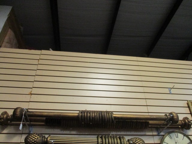 2 Gilded Gold Curtain Rods with Rings and Decorative Finials: 48" and 58"