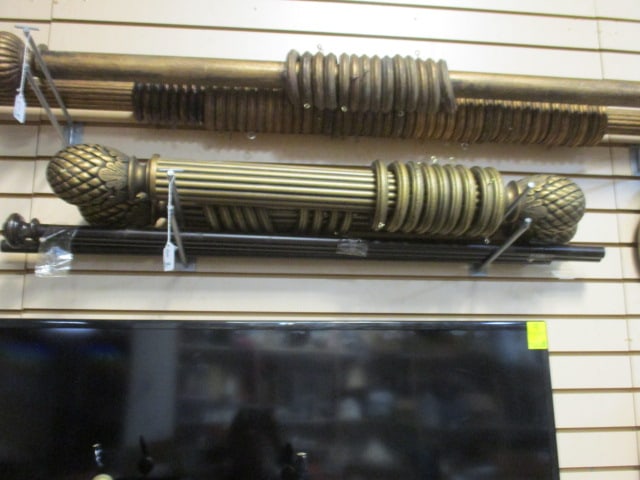 Pair of Gilded Gold Curtain Rods with Rings and Pineapple Shaped Finials: and Bronzed Metal Expandable Curtain Rod, 30"