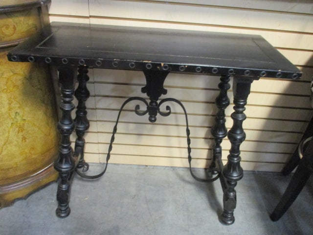 Black Wood and Wrought Iron Console Table: 36 1/4" x 16" x 32", nicks and scrapes on top, Local Pickup Only