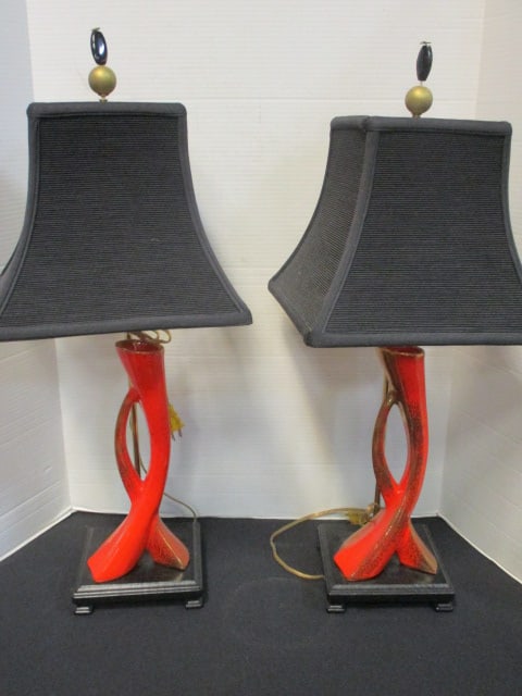 Pair of Mid Century Modern Ceramic Sculpture Table Lamps with Pleated Black Shades: 28 1/2" each