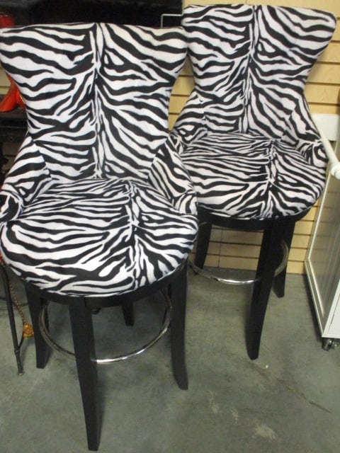 2 Zebra Print Fabric Covered Swivel Bar Chairs: 21" x 21" x 47" each, Local Pickup Only