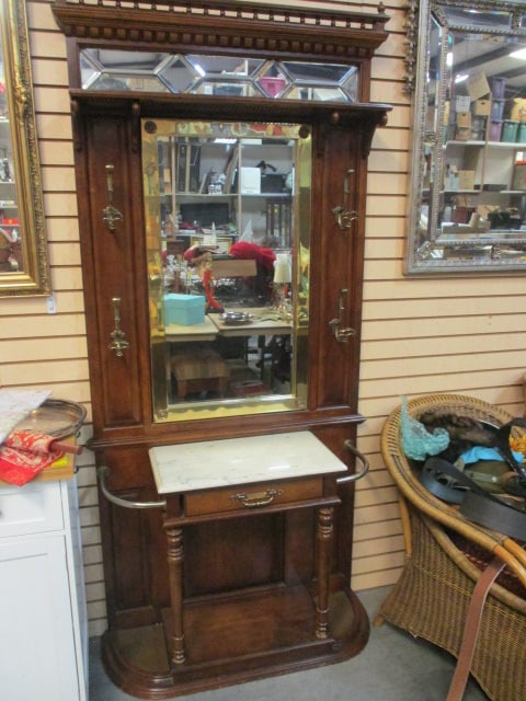 Ornate Hall Tree with Beveled Mirror, Marble Top, Drawer, Shelf, and Brass Hooks (1 of 9)