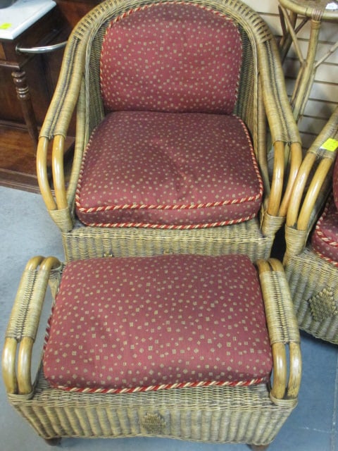 Vintage Rattan Club Chair and Ottoman with Cushions: 29 1/2" x 33" x 34", ottoman-26" x 16" x 18", Local Pickup Only