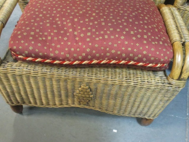 Vintage Rattan Club Chair and Ottoman with Cushions - 2
