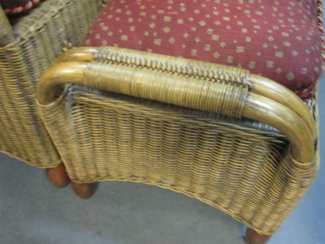 Vintage Rattan Club Chair and Ottoman with Cushions - 3