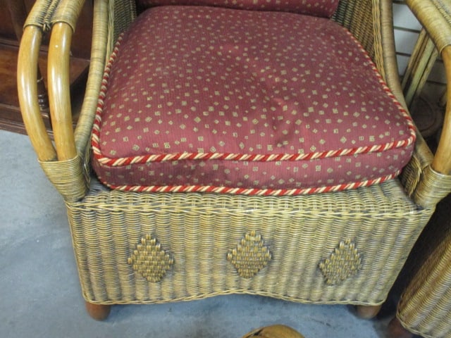Vintage Rattan Club Chair and Ottoman with Cushions - 4