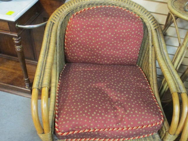 Vintage Rattan Club Chair and Ottoman with Cushions - 5