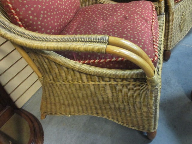 Vintage Rattan Club Chair and Ottoman with Cushions - 6