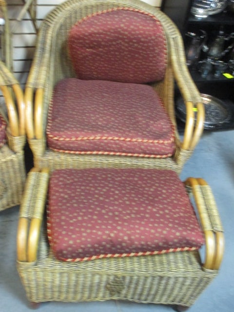 Vintage Rattan Club Chair and Ottoman with Cushions: 29 1/2" x 33" x 34", ottoman-26" x 16" x 18", Local Pickup Only