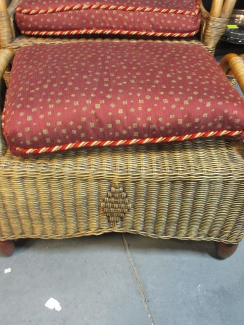 Vintage Rattan Club Chair and Ottoman with Cushions - 2