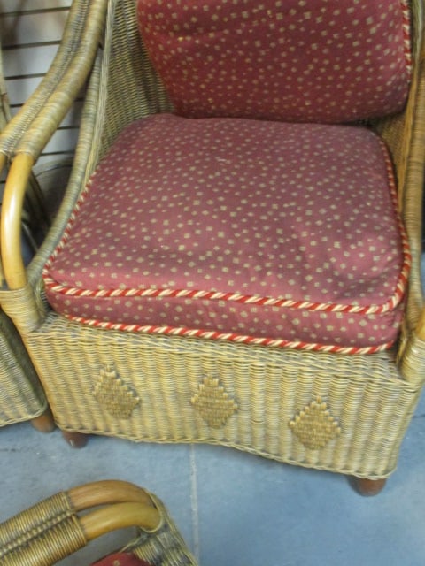 Vintage Rattan Club Chair and Ottoman with Cushions - 5