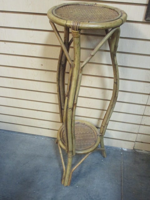 Vintage Rattan and Bamboo Round Plant Stand (1 of 4)