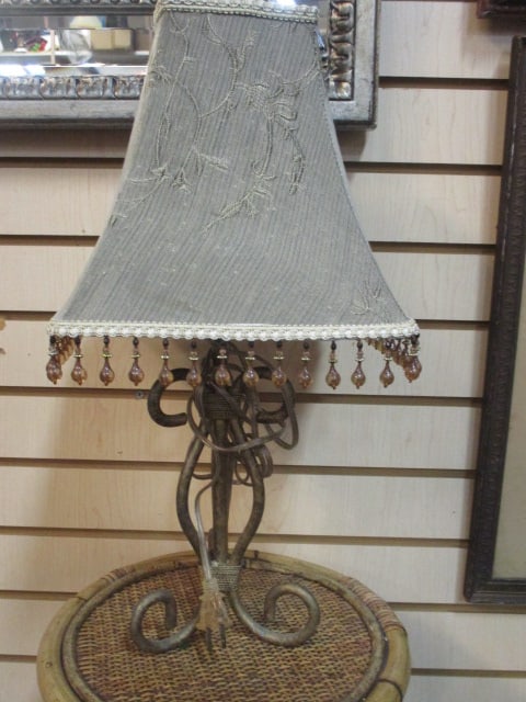 Metal Scroll Table Lamp with Silk and Dangling Bead Shade: 19"