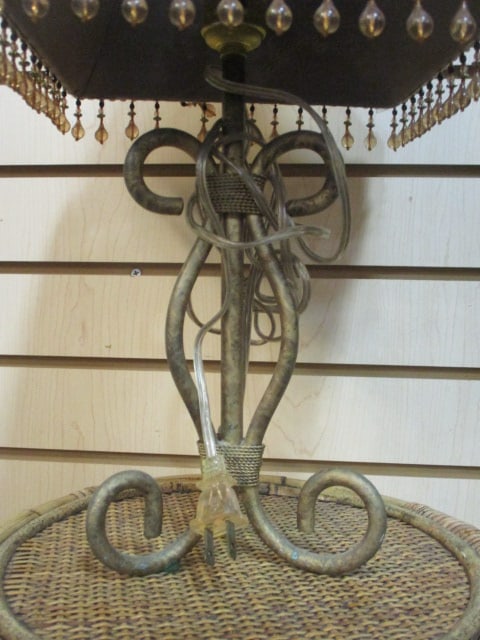 Metal Scroll Table Lamp with Silk and Dangling Bead Shade - 2