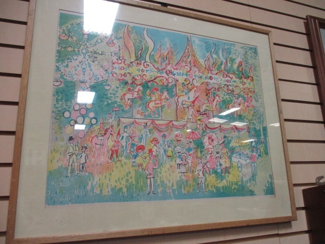 Framed and Matted Carousel Lithograph Art Print by Charles Cobelle?: 32" x 30", see pictures and preview for signature