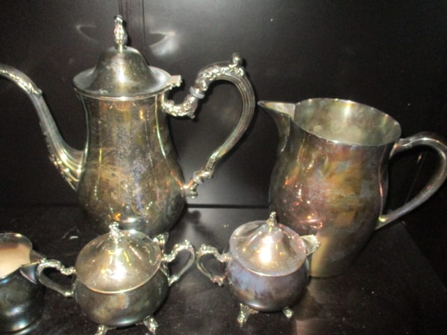 Vintage Silverplated Coffee Pot, Pitchers, Sugar, and Creamers - 7