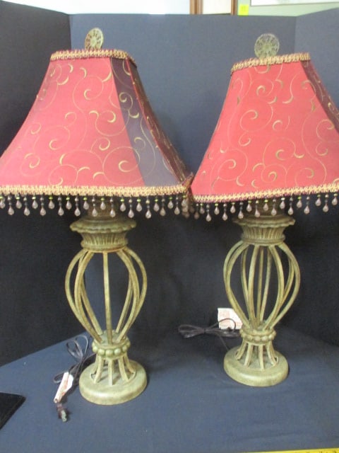 Pair of Regency Style Table Lamps with Silk and Dangling Bead Shades: 32" each