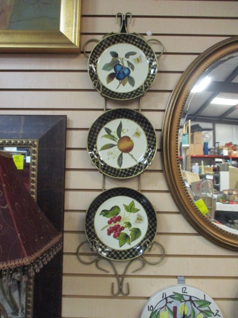 3 Raymond Waites Painted Fruit Plates on Gold Metal Hanging Plate Rack (1 of 5)