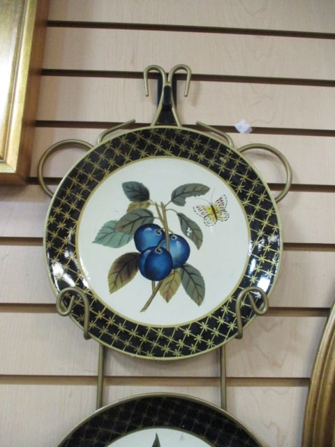 3 Raymond Waites Painted Fruit Plates on Gold Metal Hanging Plate Rack - 2