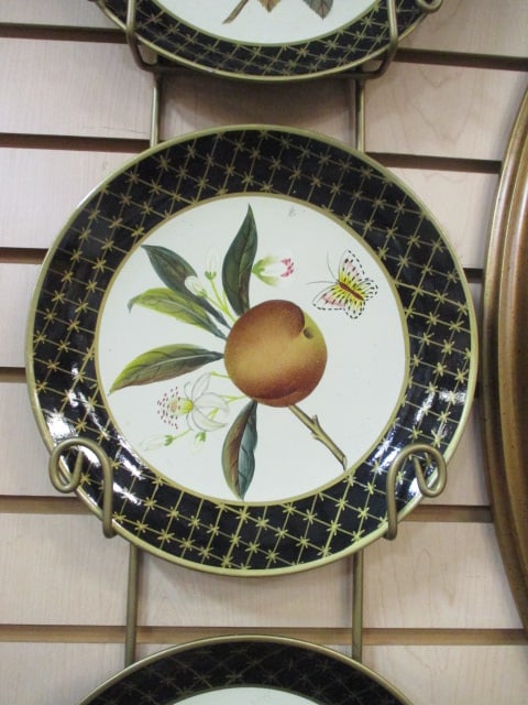3 Raymond Waites Painted Fruit Plates on Gold Metal Hanging Plate Rack - 3