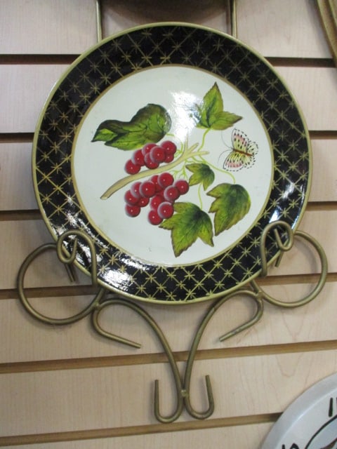 3 Raymond Waites Painted Fruit Plates on Gold Metal Hanging Plate Rack - 4
