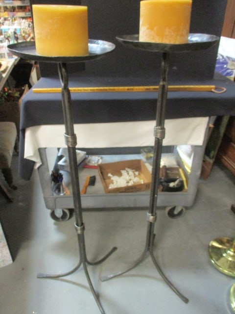 Pair of Metal Standing Candle Holders with 3-Wick Candles (1 of 5)