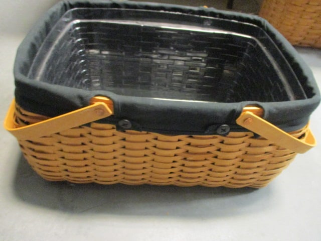 Longaberger Double Handle Picnic Basket with Fabric and Plastic Liners: 18 1/2" x 13 1/2" x 10", signed and dated