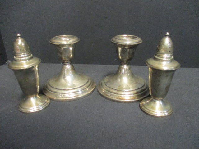 Pair of Vintage Gorham Weighted Sterling Candle Holders and Pair of Vintage: Crown Weighted Sterling Salt & Pepper Shakers, 4" and 4 1/2"