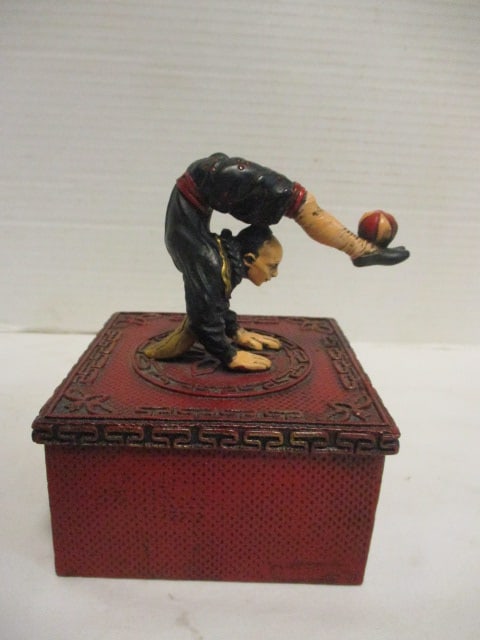 Vintage Fowler & Co. Chinese Acrobat Figure Box: 4" x 4" x 5 1/4"