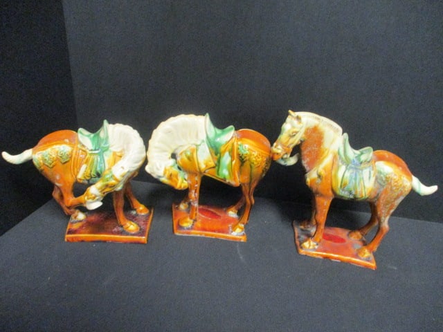 3 Vintage Chinese Tang Dynasty Style Pottery Horse Figurines: 6 1/4" to 7 1/2"