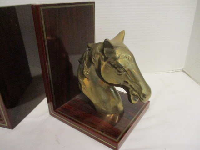 Mid Century Modern Brass and Wood Horse Head Bookends - 2
