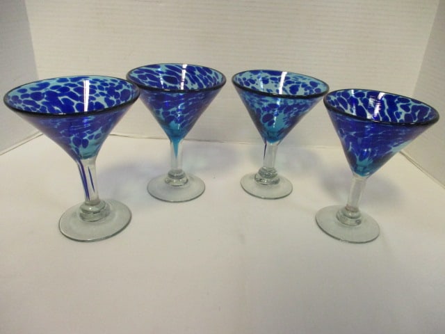 Set of 4 Cobalt Blue Speckled Handblown Martini Stem Glasses (1 of 6)