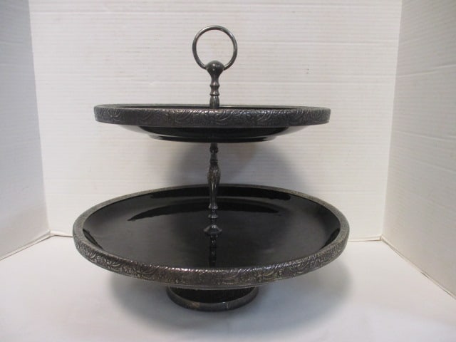 Vintage Silverplated and Stoneware Pottery 2-Tier Serving Tray: 16" with 11" and 13 1/2" tiers