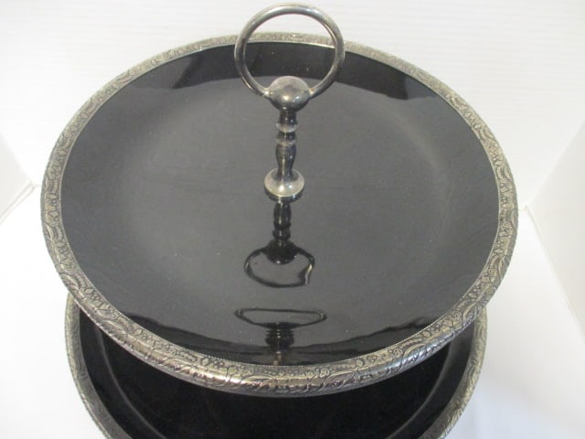 Vintage Silverplated and Stoneware Pottery 2-Tier Serving Tray - 2