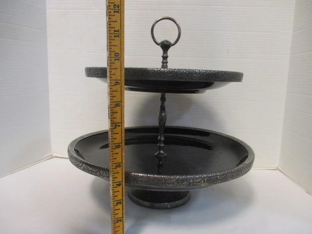 Vintage Silverplated and Stoneware Pottery 2-Tier Serving Tray - 4
