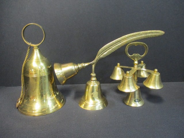 Vintage Brass Quill Double Bell, Brass Altar Bell, and Etched Brass Ring Bell (1 of 13)