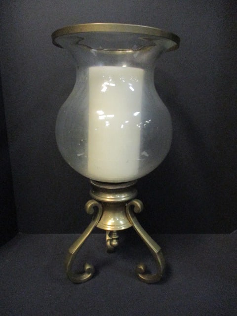 Vintage Brass Candle Holder with Glass Hurricane and Electric Candle (1 of 4)