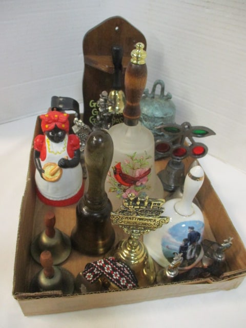 Lot of Vintage Brass, Wood, and Novelty Handbells: see pictures and preview for selection and condition