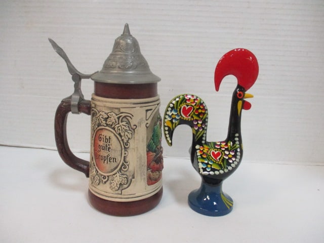 Vintage Handpainted Portugal Rooster Sculpture and German Beer Stein: 6 1/2" and 7 1/4"
