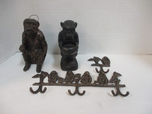 "See, Hear, Speak No Evil Monkeys" Metal Wall Hooks, Monkey Candle Holder,: and Monkey Sculpture, 4 1/4" to 12"