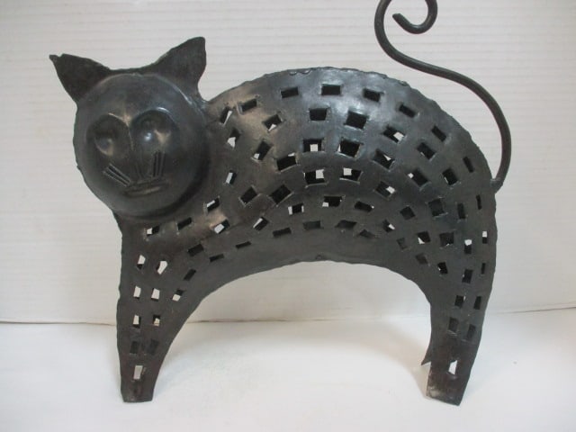 Pierced Metal Cat Sculpture Candle Holder: 12" x 11 1/2"
