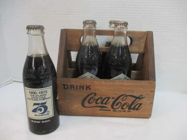 Vintage Wood Coca-Cola Bottle Carrier and 6 Unopened 75th Anniversary Bottles (1 of 6)