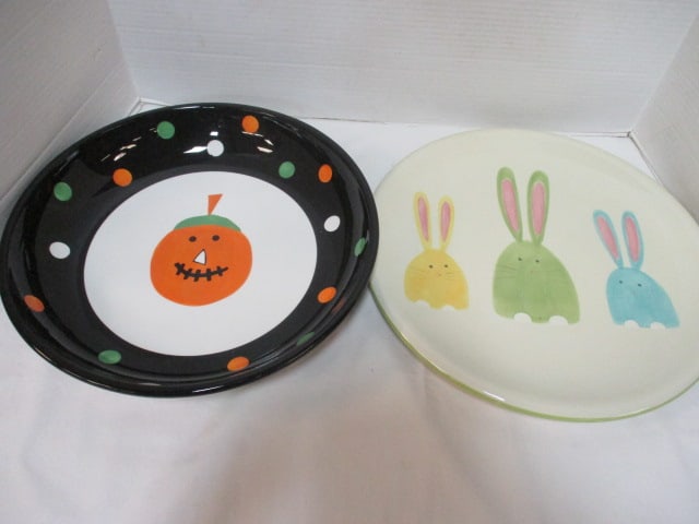 Tag Handpainted Easter Bunny Plate and Halloween Jack-o-Lantern Bowl: 13 1/4" and 14 1/4"