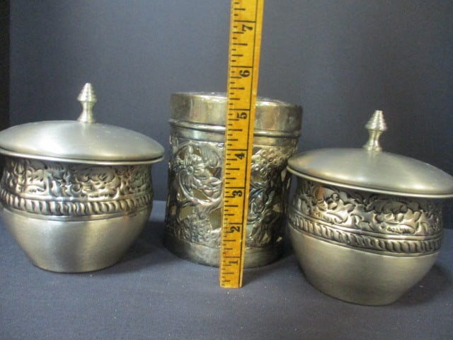 3 India Artisan Silverplated Canisters - 9