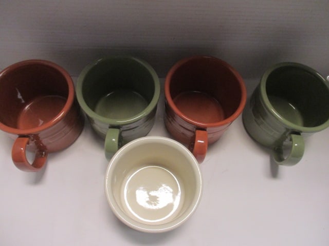 4 Longaberger Pottery "Woven Traditions" Mugs and 1 Sugar Canister - 2