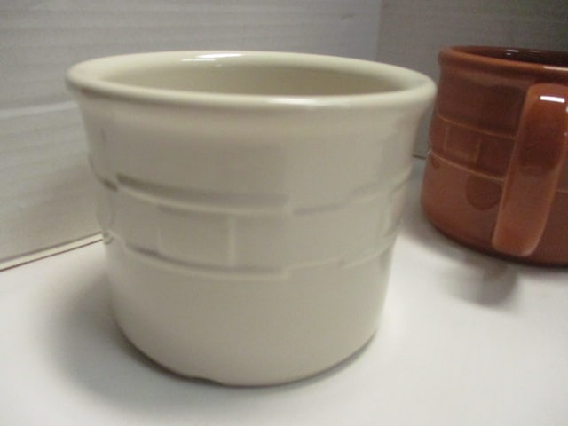 4 Longaberger Pottery "Woven Traditions" Mugs and 1 Sugar Canister - 5